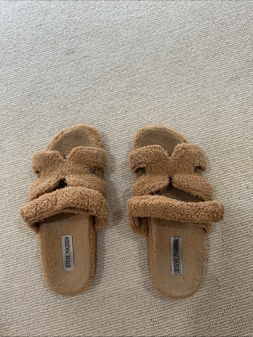 Steve Madden ladies Tan Faux-Sherpa Double-Strap Slide Sandals